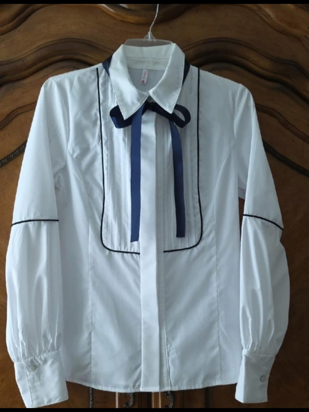 White Long Sleeve Blouse with Navy Bow